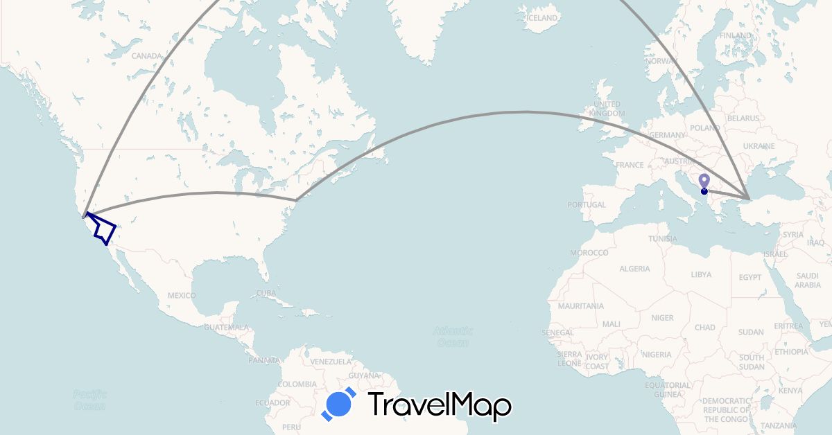 TravelMap itinerary: driving, plane in Montenegro, Turkey, United States (Asia, Europe, North America)